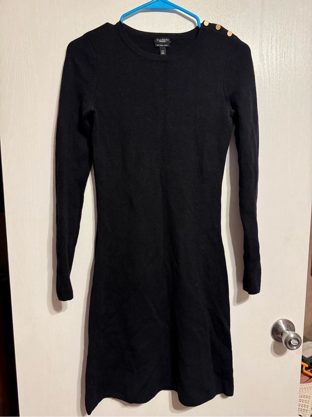 Talbots Black Long Sleeve Knit Dress with Gold Shoulder Buttons